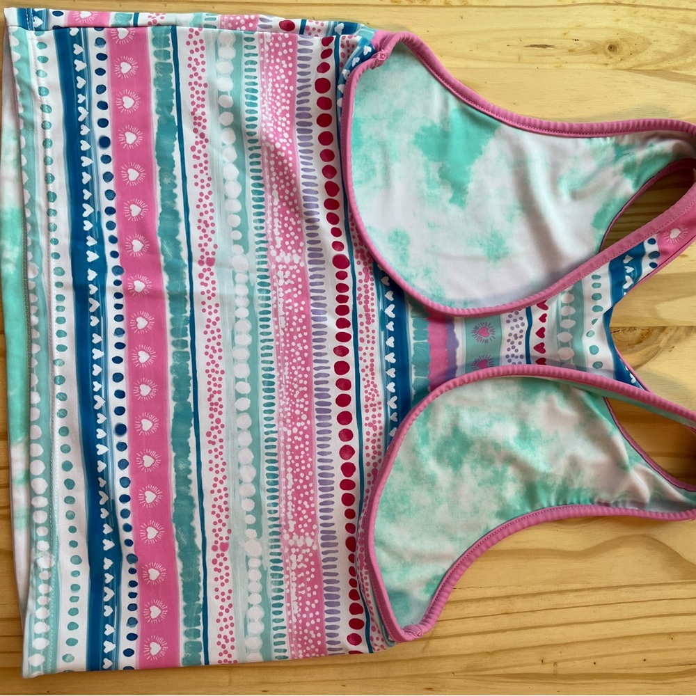 Eddie Bauer Pink & Teal Reversible Bathing Suit Tank and Shorts Size L(14/16) - Picture 9 of 13